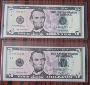 TWO $5 2006 Boston Star FRN. SN IA01496207* and IA01496208*. GEM UNCIRCULATED - Picture 1 of 2