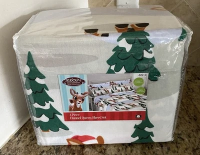 JUEGO DE SÁBANAS DE FRANELA RUDOLPH EL RENO NARIZ ROJA TAMAÑO QUEEN 4 PIEZAS SÁBANAS NUEVAS Foto 1 de 4