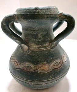 Hand Turned & Painted Art Pottery 4 Handle Vase Primitive Rustic 8 1/4" - Picture 1 of 9