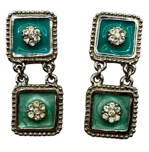 Vintage Enamel Drop Dangle Earrings Clip On Rhinestones Square - Picture 1 of 5