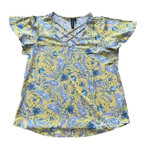 Zoe + Phoebe Top Donna Taglia Large Giallo Multicolore Manica Corta Paisley - Foto 1 di 10