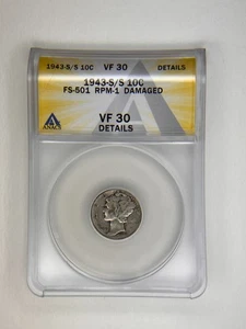 1943-S/S 10C Mercury ANACS VF30 Details - Picture 1 of 4