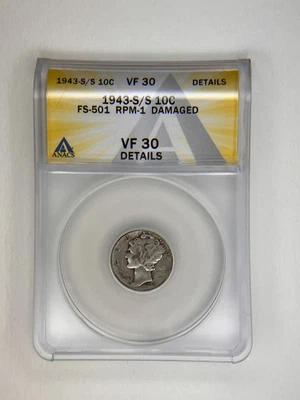 1943-S/S 10C Mercury ANACS VF30 Details - Image 1 of 4
