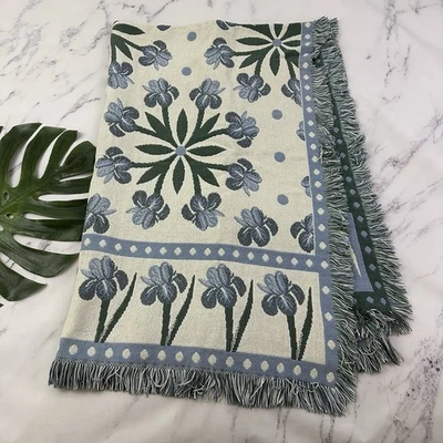 Manta tapiz vintage años 90 azul verde iris flores cottagecore flecos Foto 1 de 4