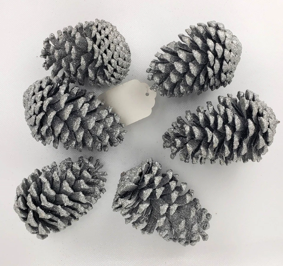 Lotto 6x Two's Company Brillantini Argento Pigne Dipinto Natale Vacanza Tavolo - Immagine 1 di 1