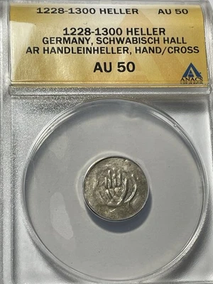 GERMANY. 1228-1300 Heller, Silver - ANACS AU50 Hall, Right Hand of God - Image 1 of 4