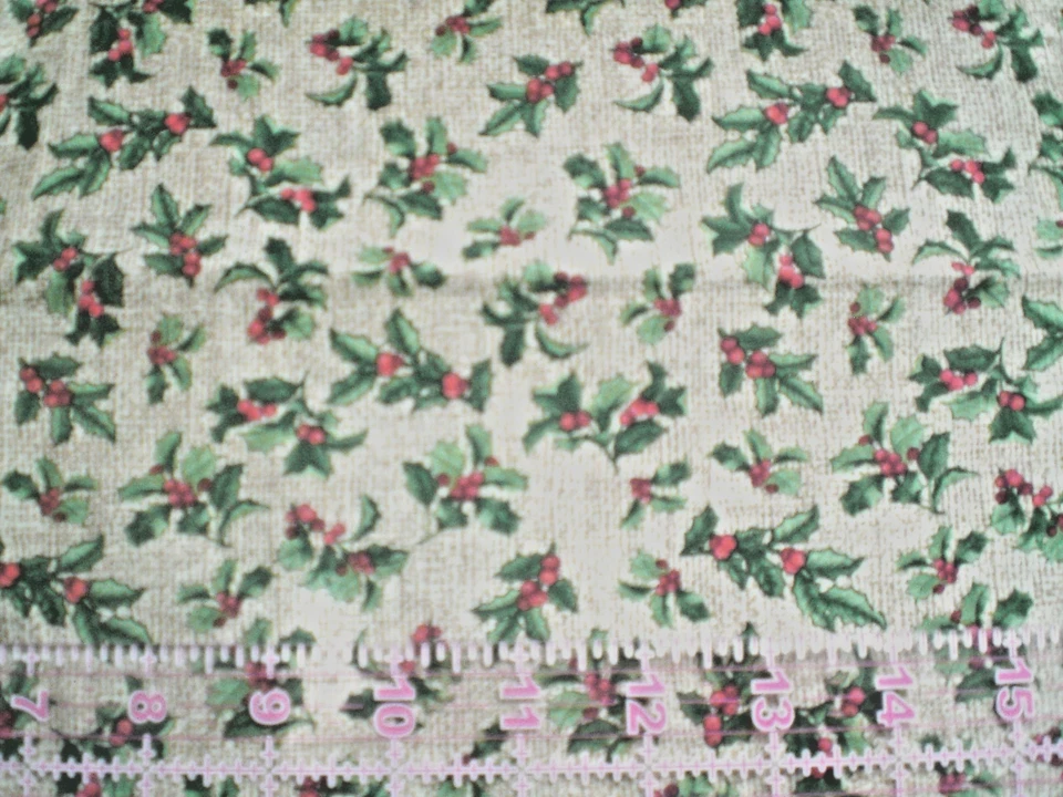 1  Yd Holiday Holly Leaves on Light Brown Print Cotton Fabric  - Image 1 of 1