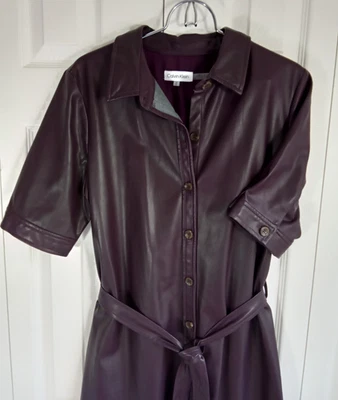 Calvin Klein веганский искусственной кожи Midi рубашка платье M фиолетовый фиолетовый подпоясанный кнопка - Изображение 1 из 4