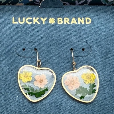 Lucky Brand Heart Earrings Hypoallergenic Pressed Flower Boho Jewelry Gift Women - Image 1 of 4