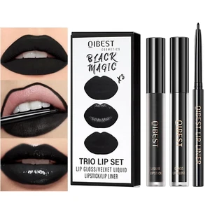 3Pcs Black Matte Liquid Lipstick Lip Liner Lip Gloss Trio Lip Set - Picture 1 of 12