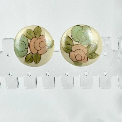 Vintage Japanese Button Ceramic Earrings, Floral Print, Clip on - Image 1 of 3