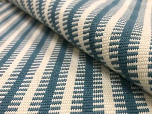French Blue Cream Ivory Geometric Stripe Nautical Upholstery Drapery Fabric - Picture 1 of 5