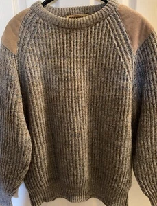 Brenire Sweater Mens Large Brown Knitted Shetland Pure Wool Scotland Suede Patch - Picture 1 of 4