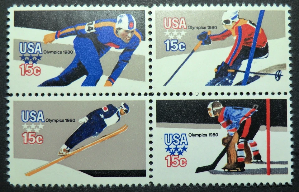 1795 - 1798 MNH 1980 15c Winter Olympics B4 Skiing Hockey gold Ice Skating  - Image 1 of 1