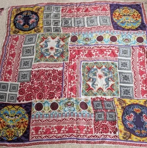 Johnny Was Seide Patchwork Schal Drachen asiatisch leicht Quaste quadratisch 43x41 - Bild 1 von 9