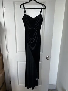 Women’s Split Thigh Ruched Black Velvet Velour Cocktail Sexy Cami Dress Size S - Picture 1 of 7