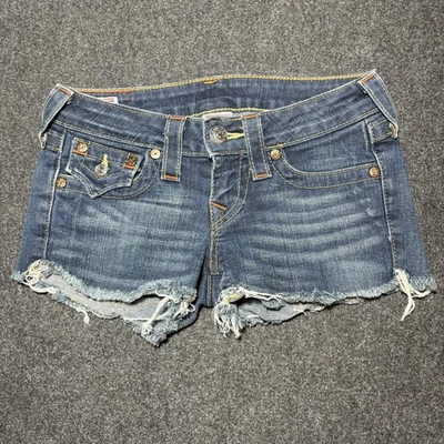 Vintage True Religion Low Rise Shorts Cutoff Denim Micro Mini Booty Size 24 Y2K - Image 1 of 4
