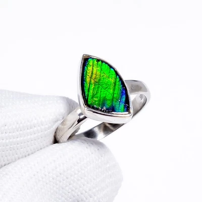 Anillo hecho a mano de plata de ley 925 con piedras preciosas de ammolita natural canadiense 7 ajuste de EE. UU. Foto 1 de 3