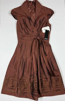 NEW ADRIANNA PAPELL Bronze Copper Brown Cap Sleeve Fit & Flare Silk Dress Size 4 - Image 1 of 4