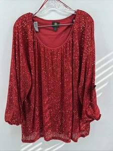 New JM Collections womens top blouse red sequins 3/4 sleeves dressy  Party 3X - Picture 1 of 9