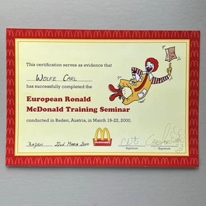 Rare EUROPEAN RONALD MCDONALDS TRAINING SEMINAR CERTIFICATE Internal Employee - Picture 1 of 3