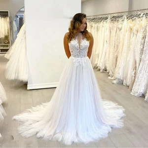 Elegant Tulle Wedding Dresses Halter Neck Lace Applique Bridal Gowns Sweep Train - Picture 1 of 9