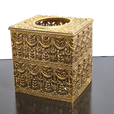 Caja de pañuelos metálicos filigrana dorada de colección decoración de tocador Hollywood Regency Foto 1 de 4