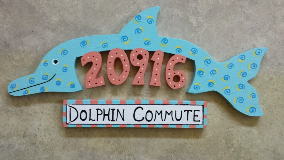 Custom WOODEN DOLPHIN  HOUSE NUMBER Address Sign HAND MADE Painted Carved Wood - Image 1 of 4