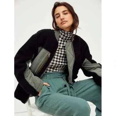 Free People Fleece Jacket Small Rivington Sherpa Oversized Black Olive Trim Zip - Image 1 of 4
