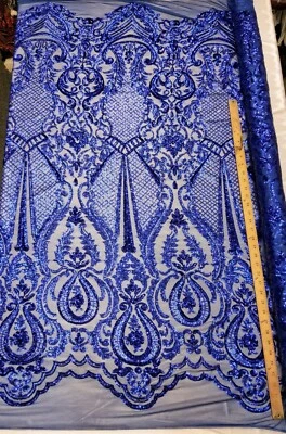 Royal Blue 4 Way Stretch Nylon Spandex Mesh Sequin Fabric "Melanie" Sold BTY  - Image 1 of 4