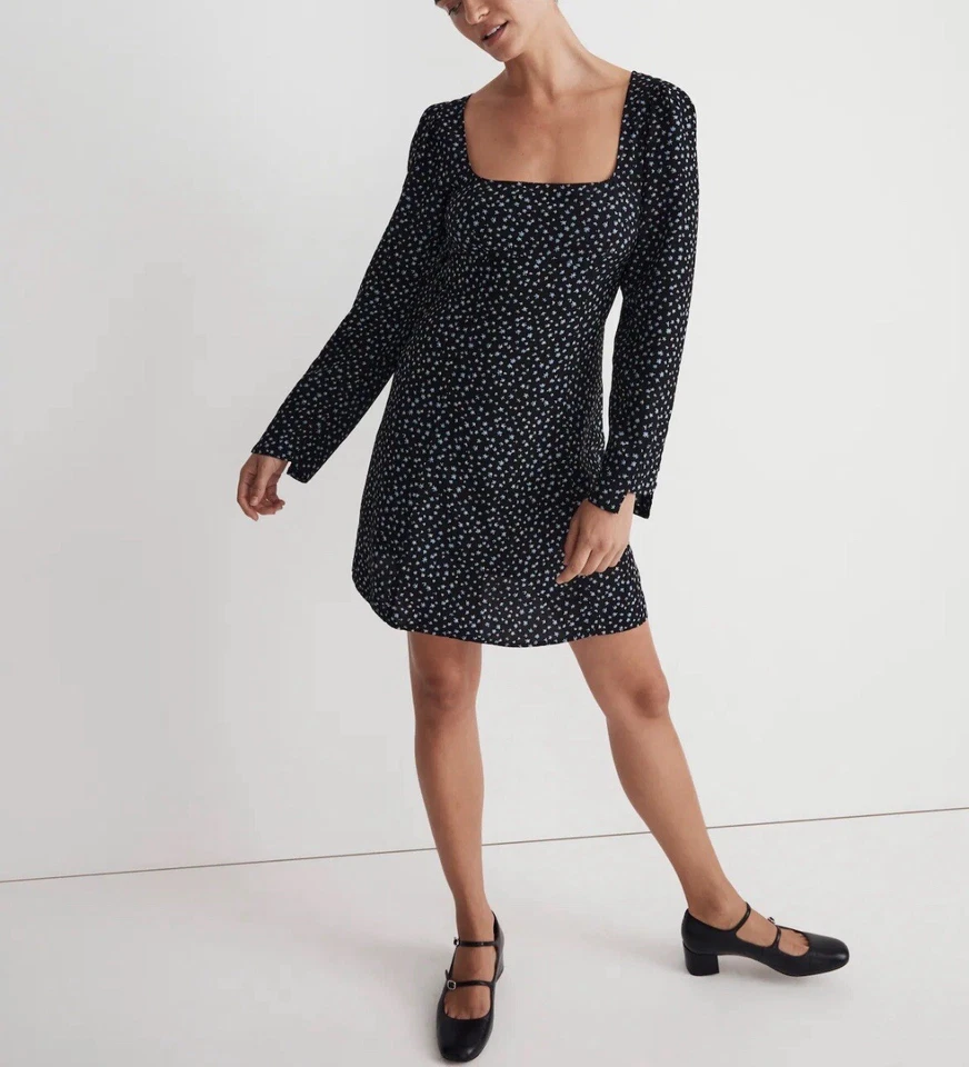 MADEWELL Mini Dress Women 2 Long Sleeve Ditsy Floral Black Blue NM453