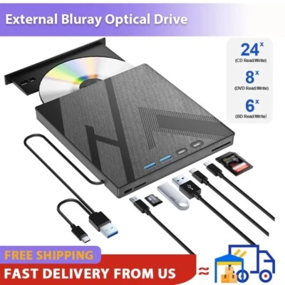 HIRUCY 7-in-1 External Blu-ray Drive USB 3.0 Type-C BD CD DVD RW Optical Drive Burner