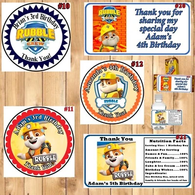 Pegatinas de cumpleaños Rubble Crew etiquetas redondas Favor 1 hoja personalizadas Foto 1 de 4