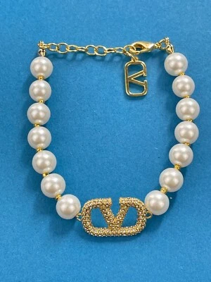 Valentino Gold Crystal V Logo Pearl Beaded Bracelet - Image 1 of 4