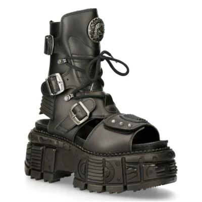 New Rock Boots BIOS107-V1 Black VEGAN Leather Unisex Platform Sandal Biker Goth  - Image 1 of 4