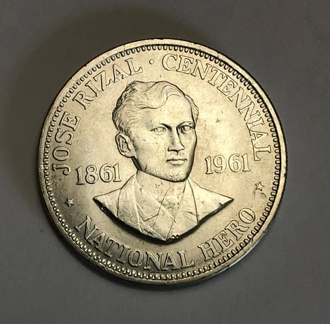 1961 PHILIPPINES  1 Peso *  Jose Rizal *  UNC  *   Silver Crown Cover
