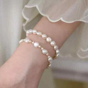 Brazalete Doble Hilo AAA + Akoya Perla Barroca Blanca 7.5-8" Oro 14k P - Imagen 1 de 6