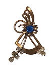 Harry Iskin style pin gold tone with blue & clear rhinestones. 2" tall