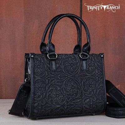 Trinity Ranch Western Vaquera Cartera Floral Tooled Bandolera Bolso de Mano Negro Foto 1 de 4