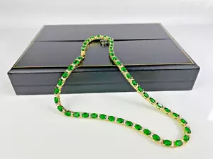 YELLOW GOLD FINISH Oval Cut Green Emerald and Round Cut Created Diamond Necklace - Picture 1 of 6