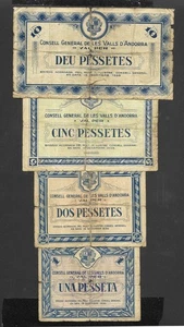 ANDORRA SERIE 4 BILLETES 1-2-  5 Y 10 PESETAS  1936  AZUL - Picture 1 of 5