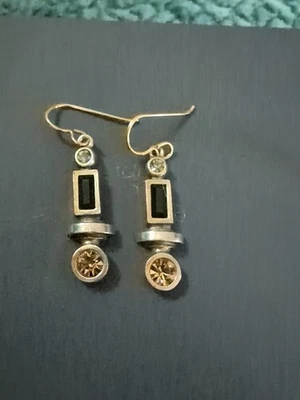 Patricia Locke Signed  goldTone Crystals Hook Dangle earrings - Image 1 of 4