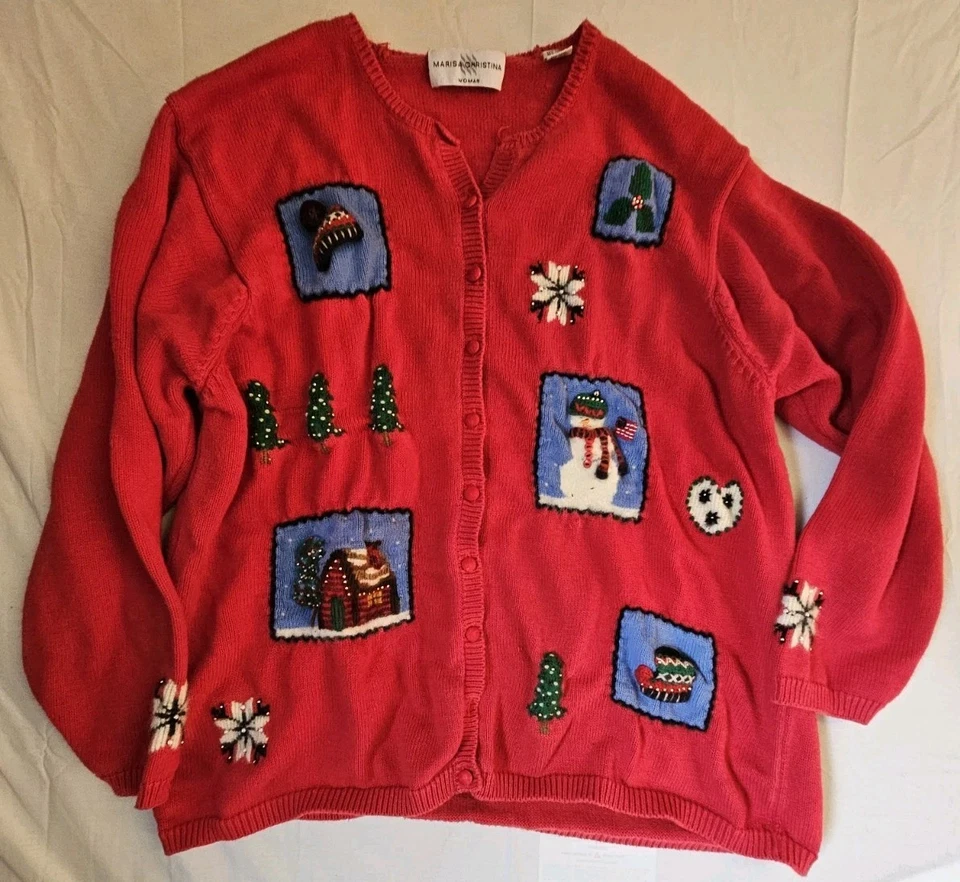 Cárdigan Marisa Christiana Mujer 3X Rojo Suéter Navidad Muñeco de Nieve Retazos De Colección Foto 1 de 4