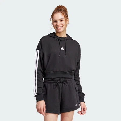 Sudadera con capucha corta de felpa francesa negra Adidas Essentials de 3 bandas para mujer Foto 1 de 4