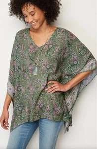 J. Jill Poncho Top S-L One Size Boho Forest Fairy Green Kimono Paisley Cottage - Picture 1 of 7