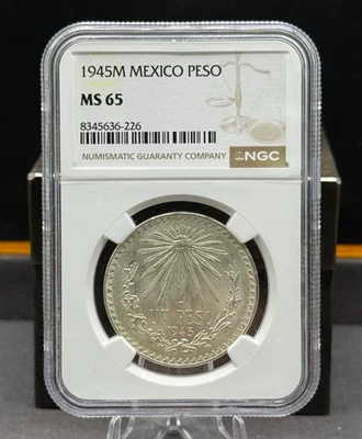 Moneda de plata de 1 peso de México 1945 - NGC MS65 Foto 1 de 4