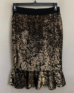 Thalia Sodi Trumpet Skirt Gold Sequin Black Elastic Waist Zip Ruffle Hem Size S - Picture 1 of 8