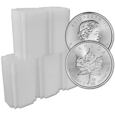 Hoja de arce de plata Canadá 1 oz $5 - fecha aleatoria - 100 monedas BU en 5 tubos Foto 1 de 3