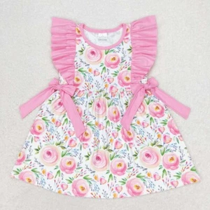 Summer Kids Girls Clothing Pink Flowers Flutter Sleeve knee Length Dress - Picture 1 of 21