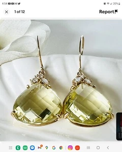 Solid 14k Yellow Gold Genuine Lemon Citrine (27ct) & Diamond Dangle Earrings - Picture 1 of 5